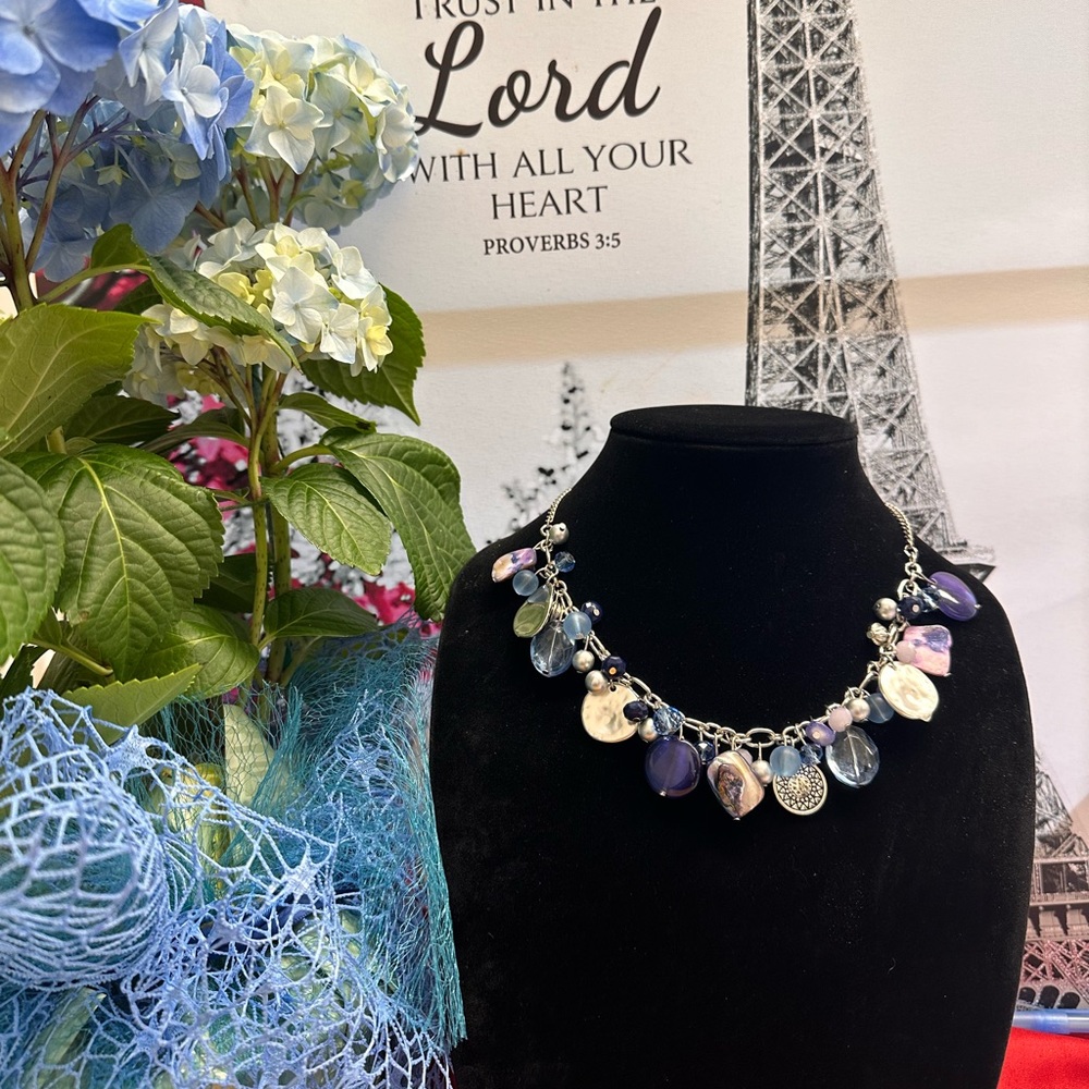 Beautiful necklace with purple, blue, and white beads